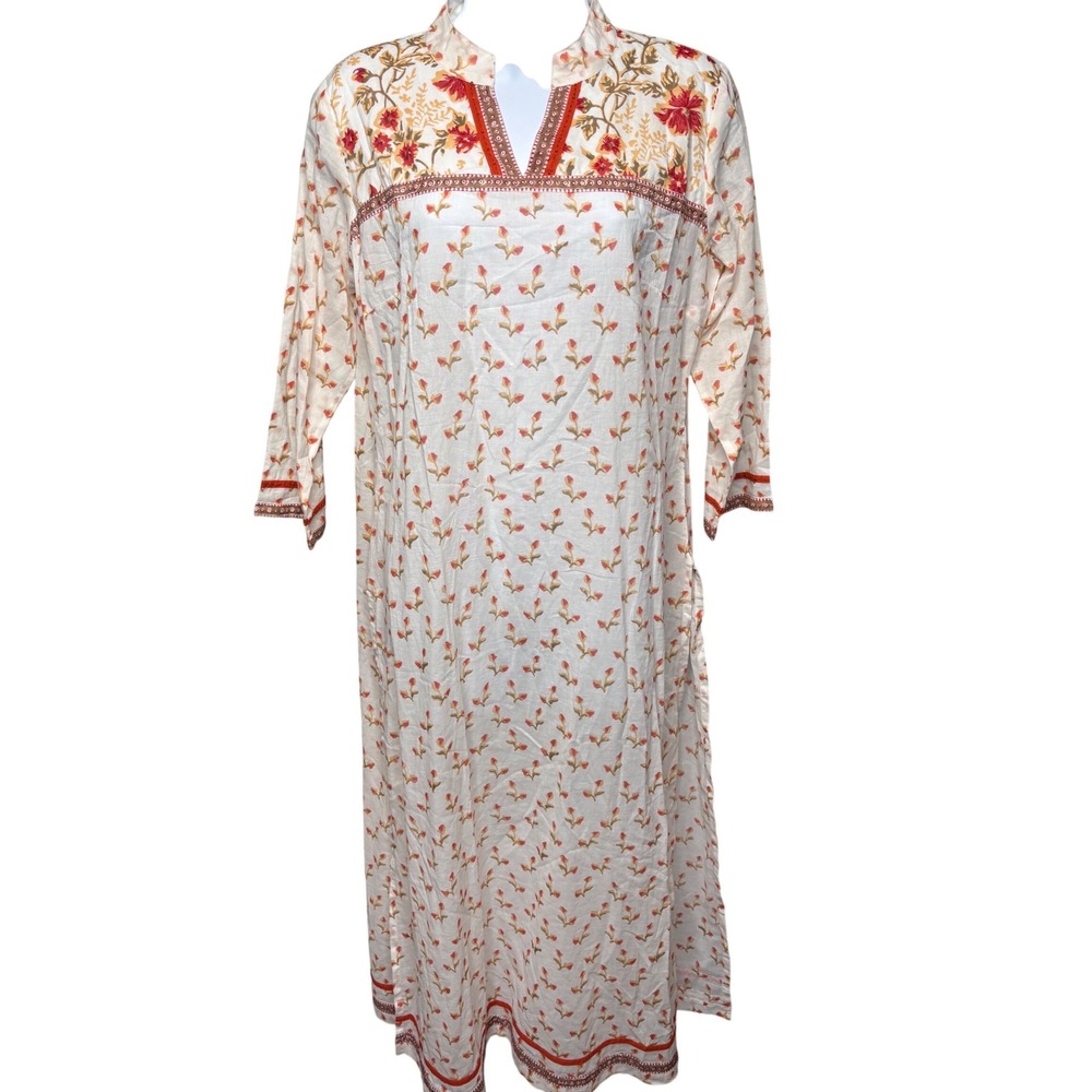 SOMA White Red Floral Organic Cotton Kurti Tunic Sz M Resortwear Boho Ethnic